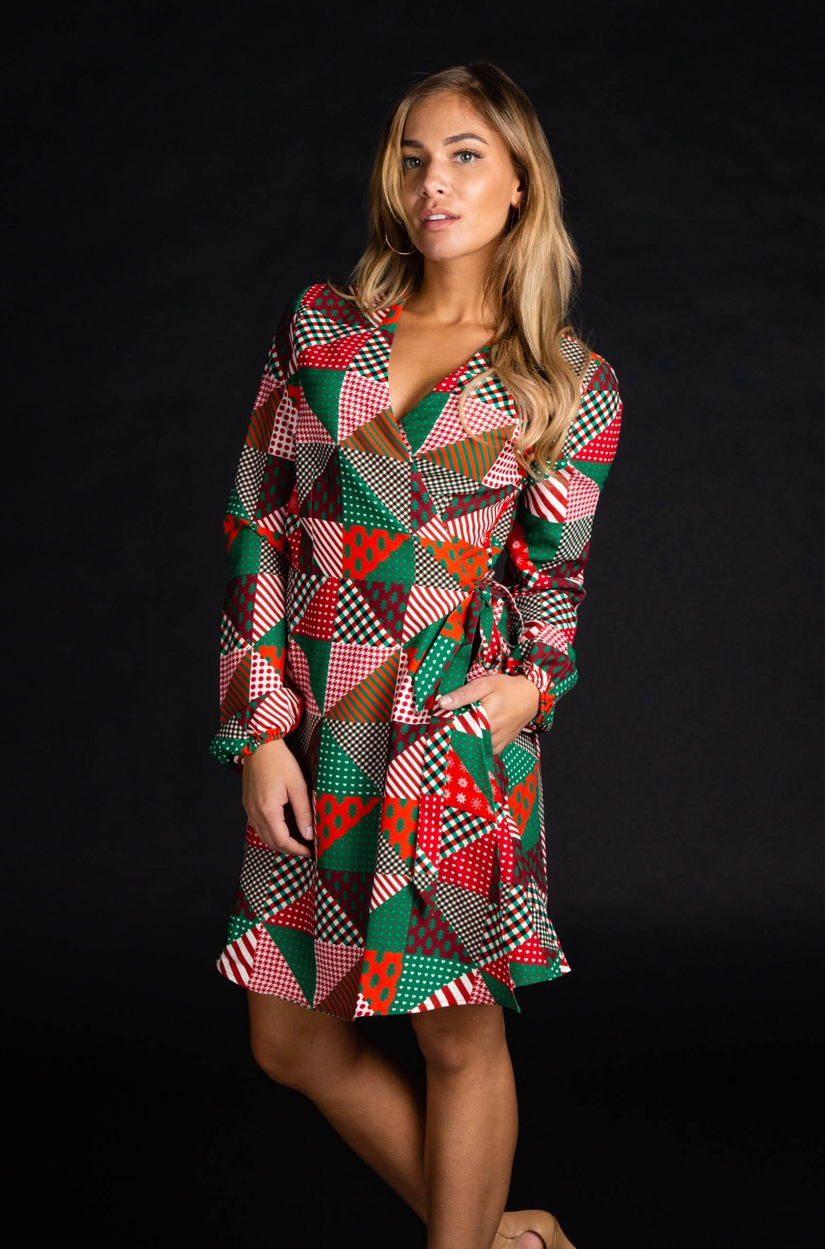 Patchwork Christmas Tree Wrap Dress | The Bonus Room Quickie